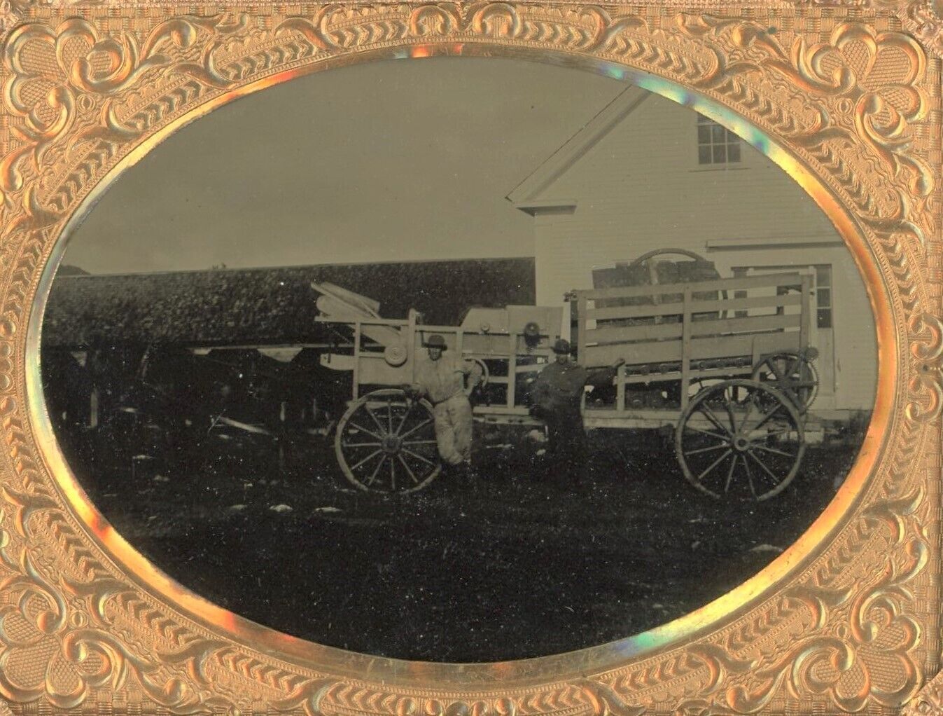 Two Men Standing Beside Wagon Farm Equipment House 1/4 Plate Tintype Photo