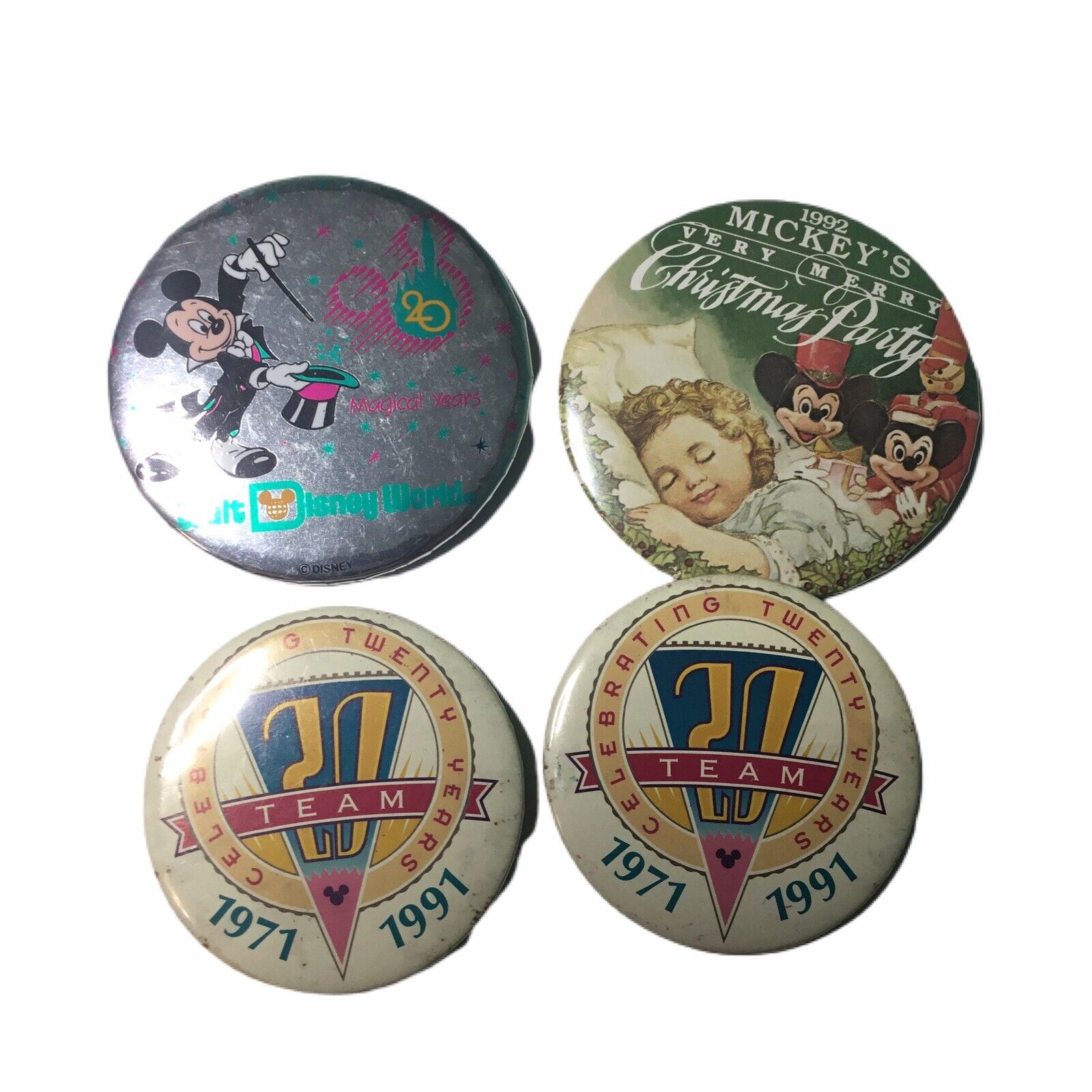 Vintage Disney Buttons Pins Set of 4 Walt Disney World 20th Anniversary MVMCP