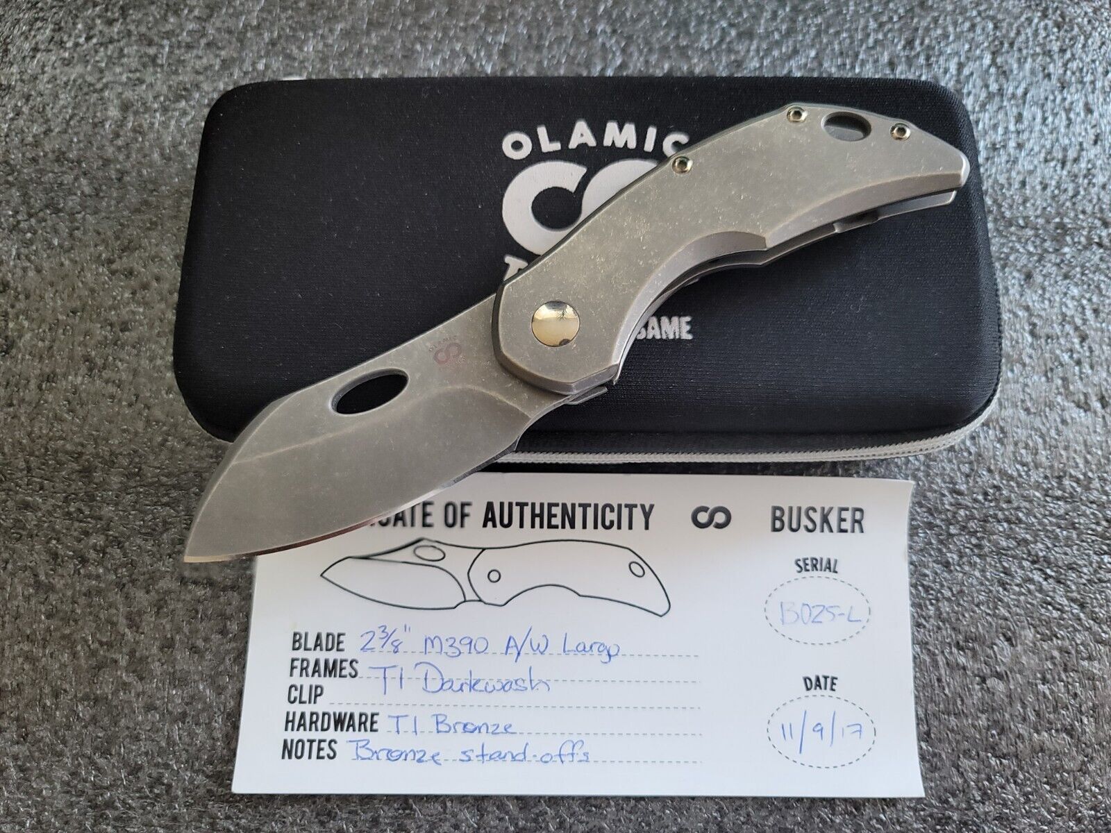 Olamic Cutlery Knives Busker Largo, M390, Working Finish, Bronzed Ti Accents