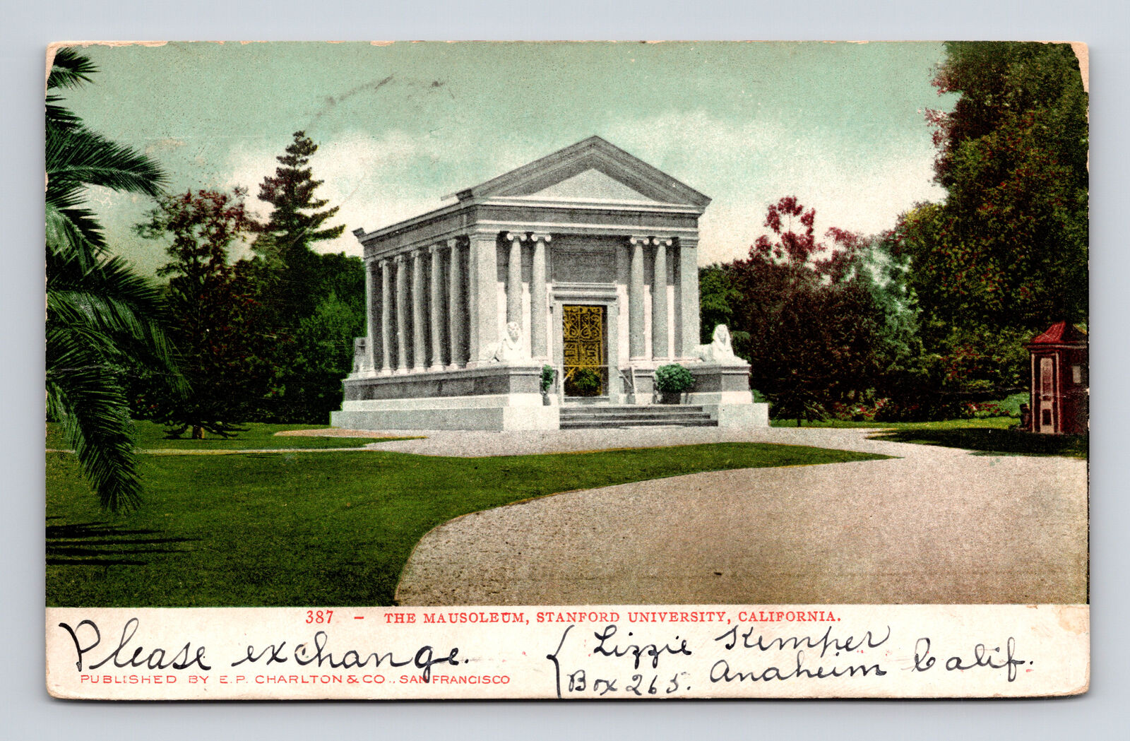 c1907 UDB Postcard Palo Alto CA California Mausoleum Stanford University