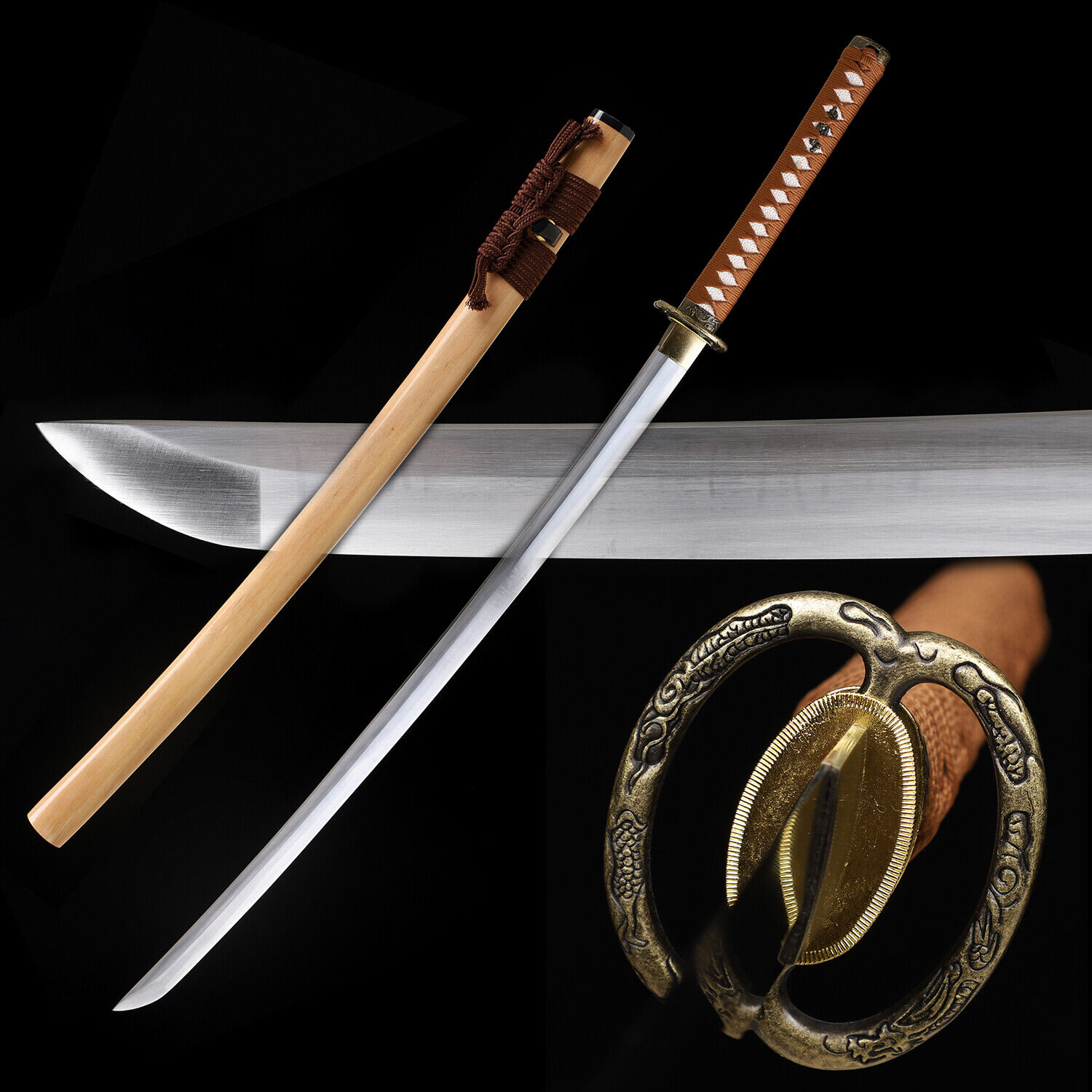9260 Spring Steel Japanese Samurai Sword Katana Full Tang Sharp Musashi Tsuba