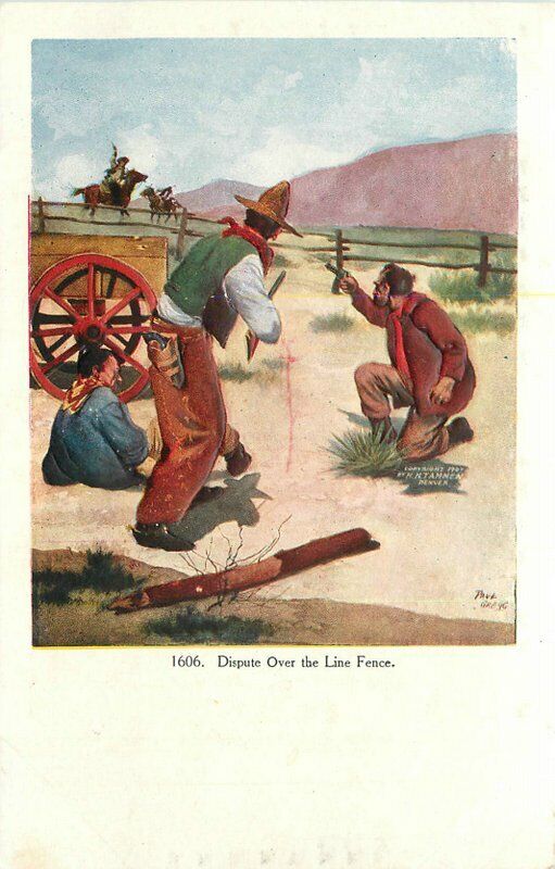 Cowboy Western Gun Fight C-1910 Dispute horse Fence Postcard 21-14031
