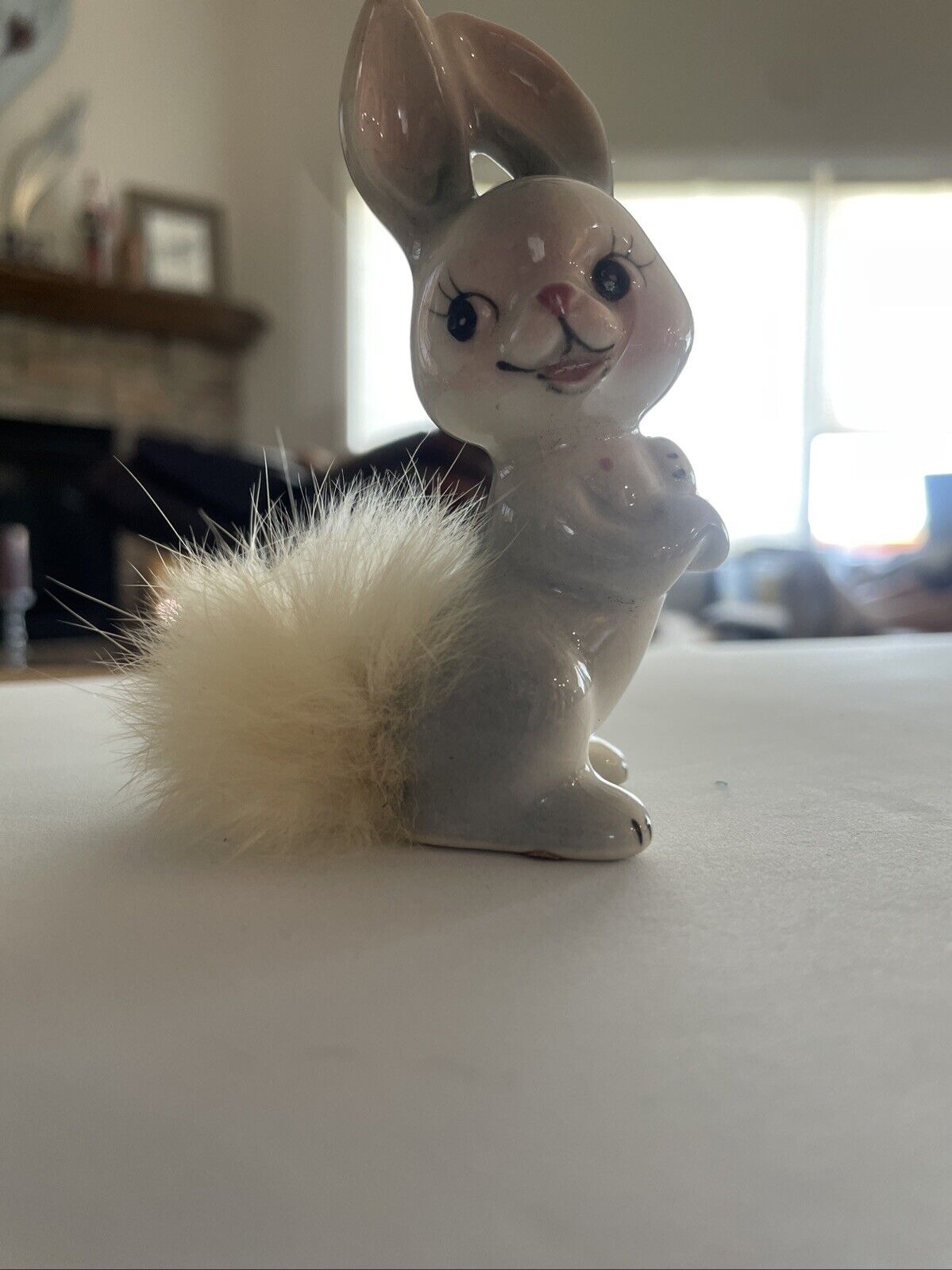 VTG Kitschy Bunny Rabbit Porcelain Figurine Furry Tail 4in Anthropomorphic JAPAN