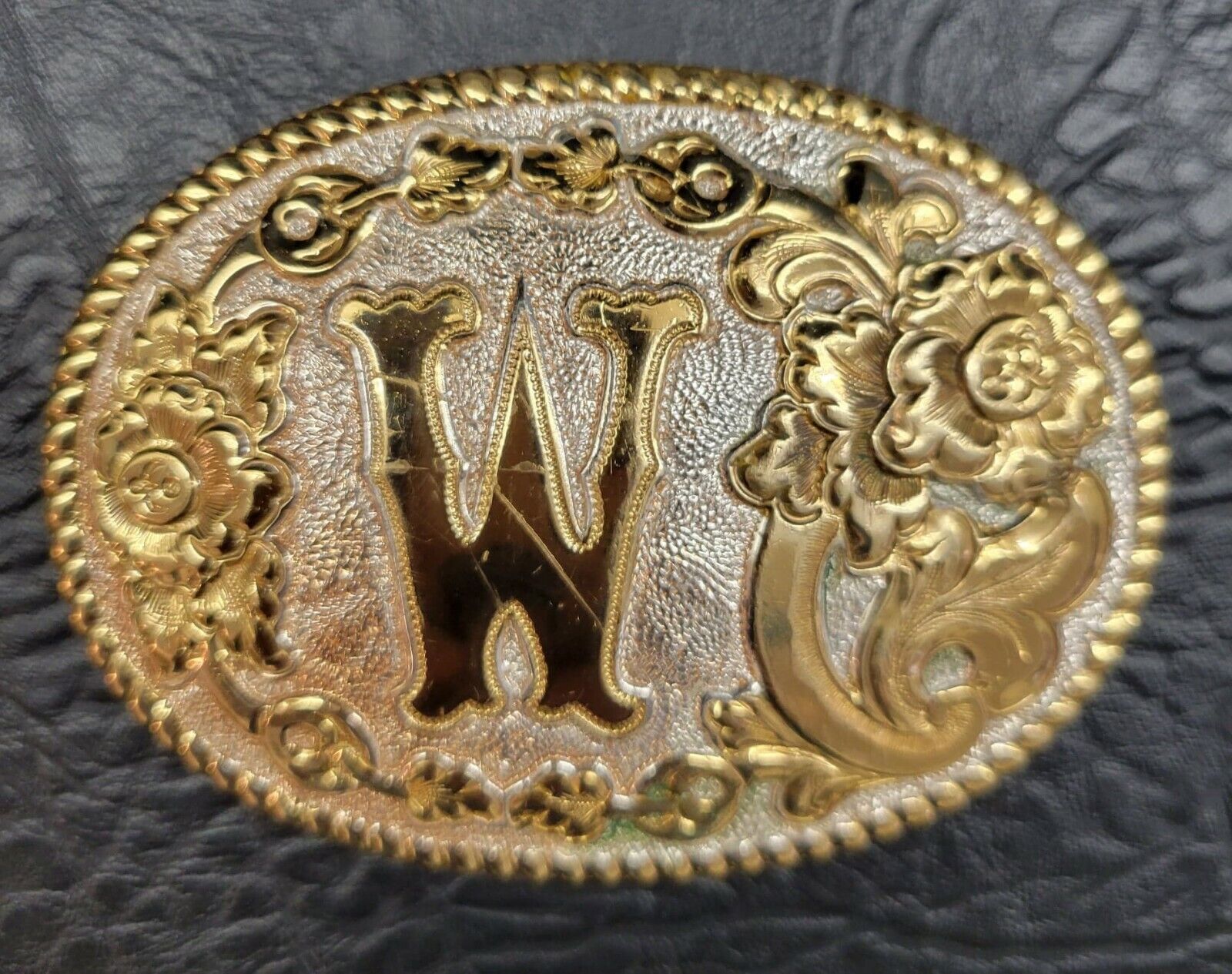 BRONZE Letter ~W~ CRUMRINE Heavy Silver Plate USA Made Belt Buckle