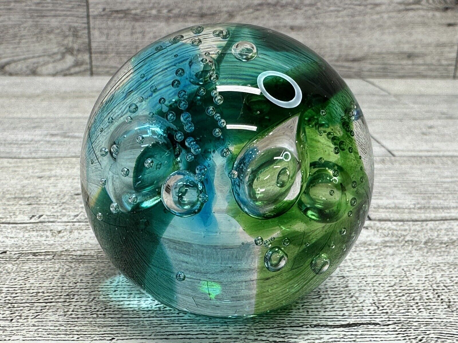 Glass Eye Studio 2003 Blue Green Bubbles Paperweight Marked “GES 03” Dated - 2”