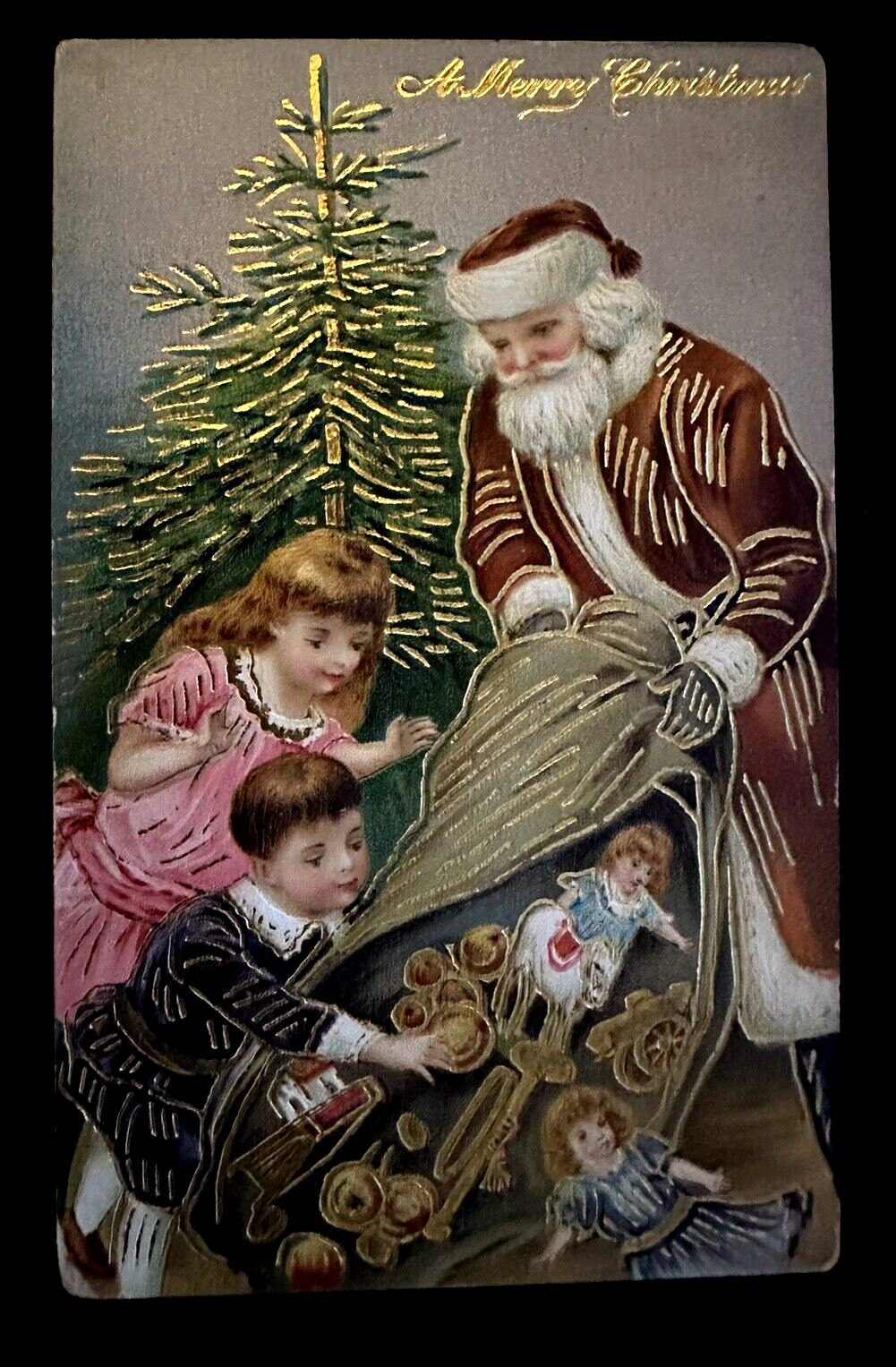 Santa Claus~Pours Sack Full of Toys~As Children Watch~Christmas Postcard~h997