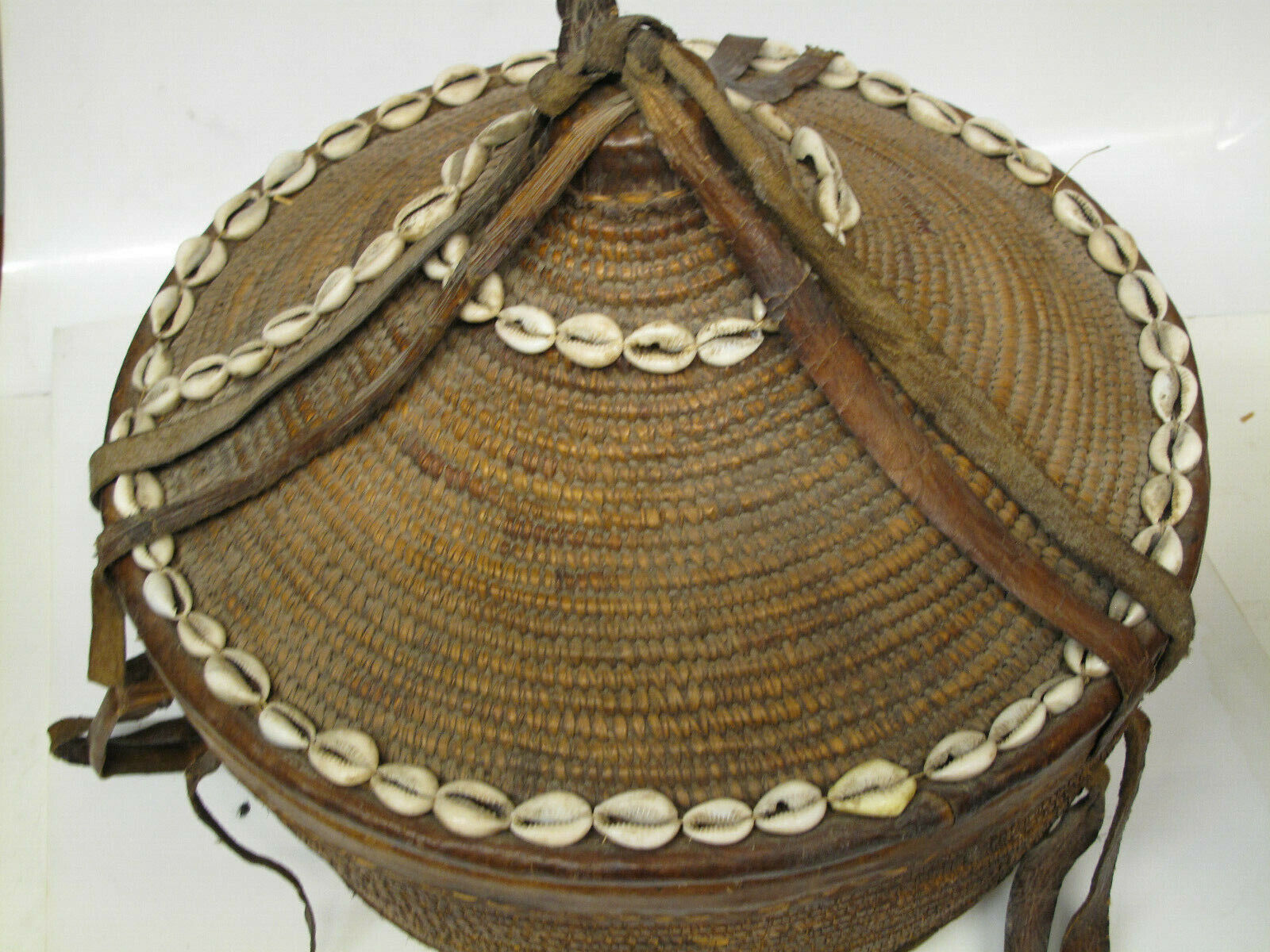 Large Antique Ethiopian Harari Woven Grass Basket Leather Trim Cowrie Shell 28”