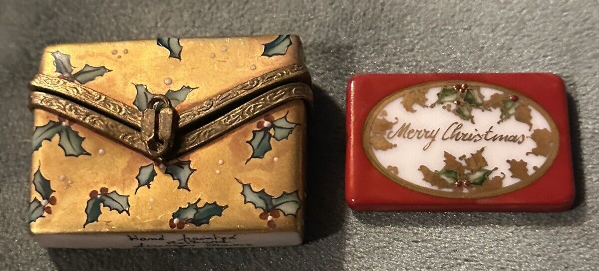 Rochard Limoges Gift Bow with Red Bow Happy Holidays Trinket Box