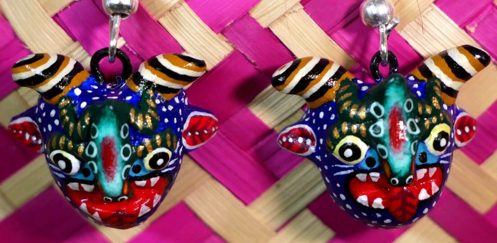 Earrings Blue Demon Devil Mask Handmade Izúcar de Matamoros Mexican Folk Art