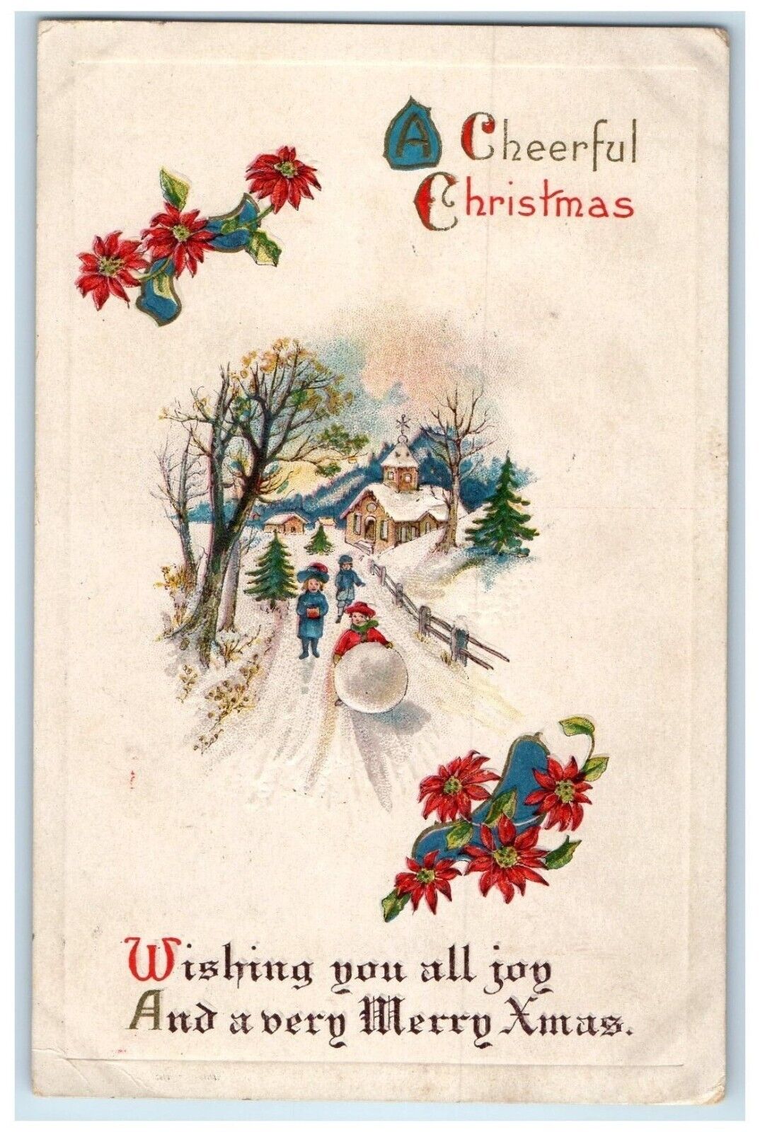 1914 Christmas Poinsettia Flowers Children Snowball Winter Virginia IL Postcard