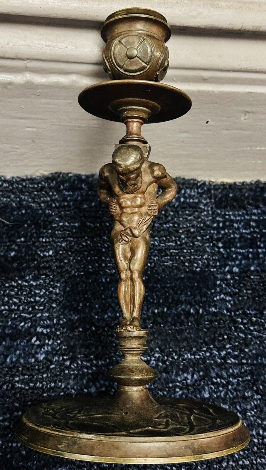 8” Tall Bronze Statue Man Holding Candlestick On His Back
