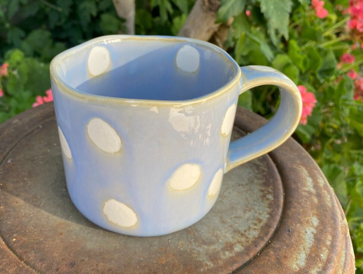 Anthropologie Coffee Mug • Peeping CAT Spotted Blue Cup • Polka Dot