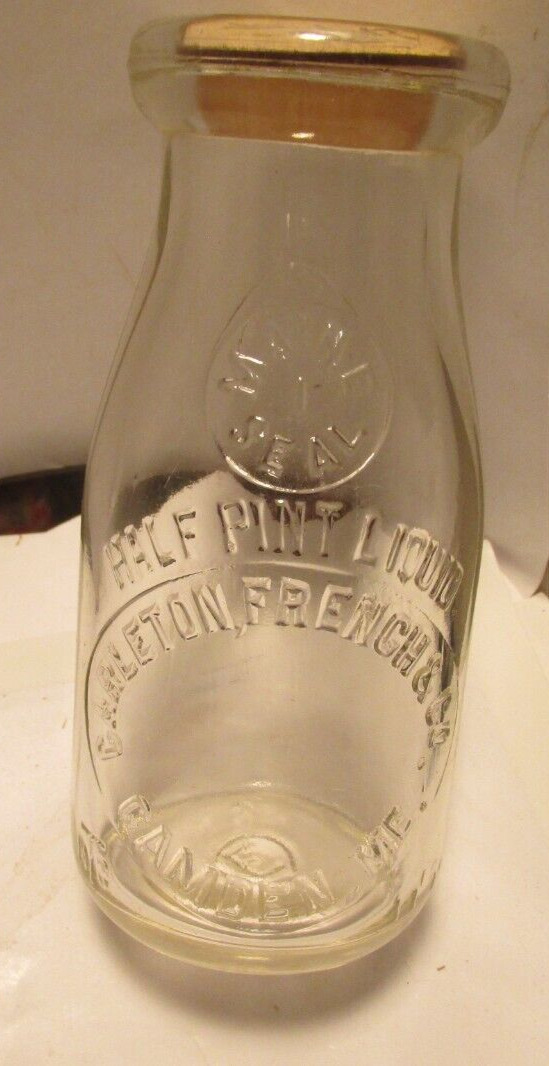 vintage one half pint milk bottle-Carleton  French & Co Camden,Me embossed