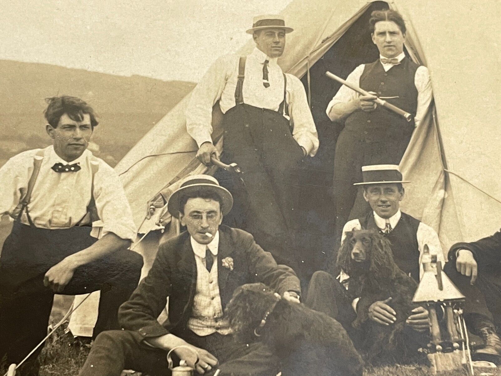 H7 RPPC Photo Postcard Handsome Group Men Teepee Camping Smoking Pipes 1910-20s