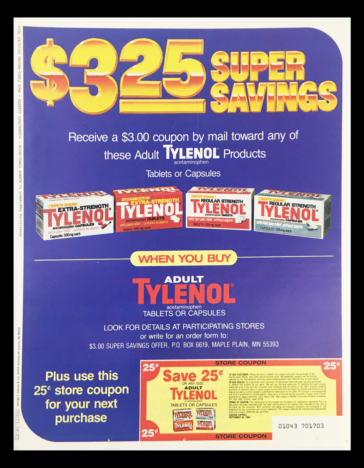 1984 Adult Tylenol Acetaminophen Tablets Circular Coupon Advertisement