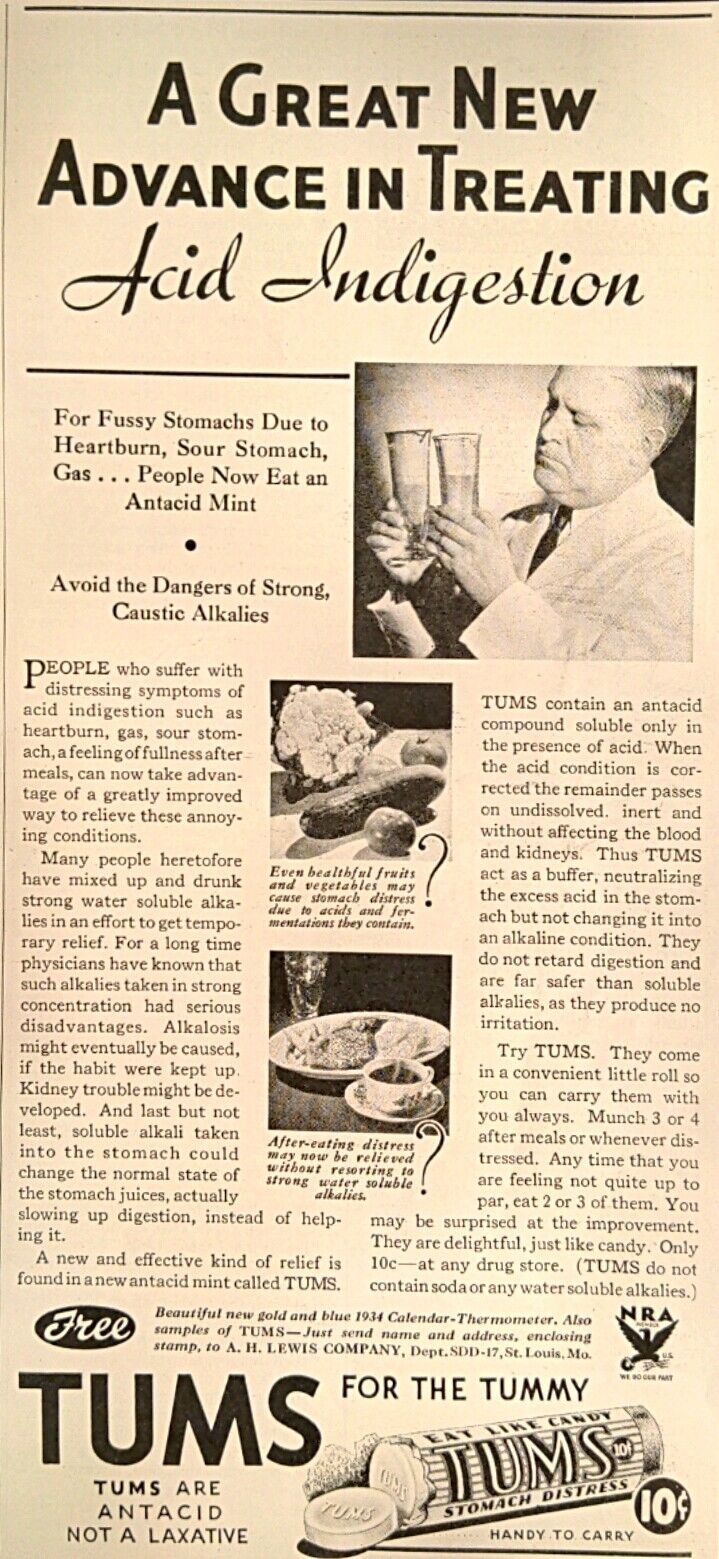 1933 Tums Antacid Mint Sour Stomach Heartburn Relief Alkali Vintage Print Ad