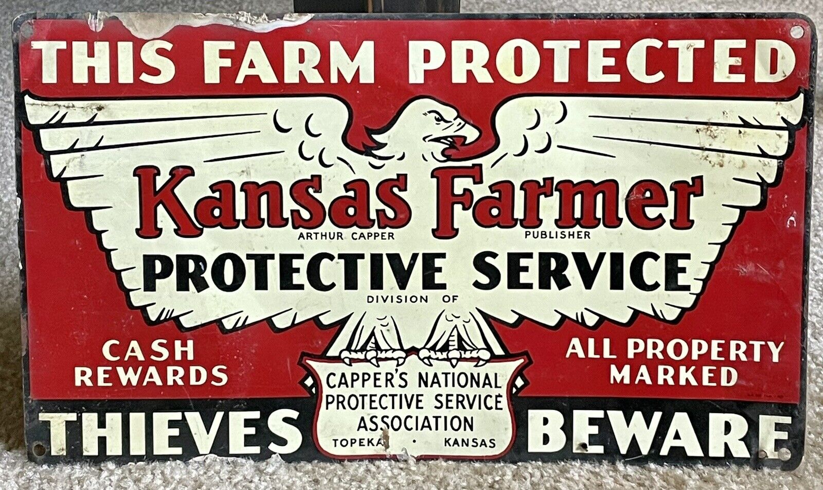 Vintage 1950s Kansas Farmer Protective Service Tin Sign 13.5”x8” Nice Graphics