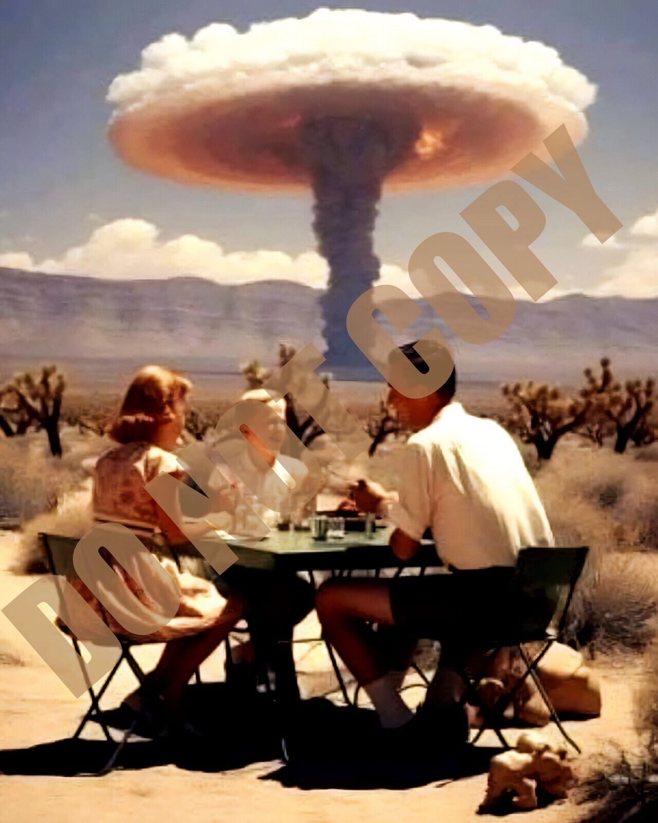 1950s Family Picnicking While Watching a Test At the Nevada Test Site 8x10 Photo