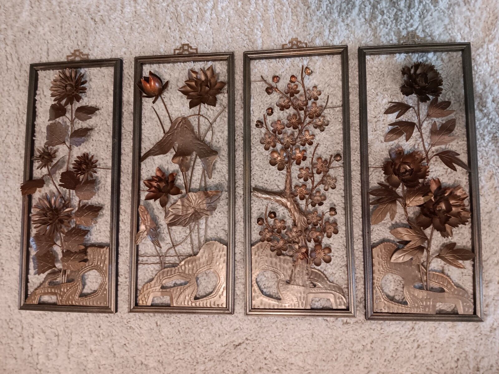 Vintage 1960s Asian Wall Art Metal Flowers ~ Four Seasons ~ Framed