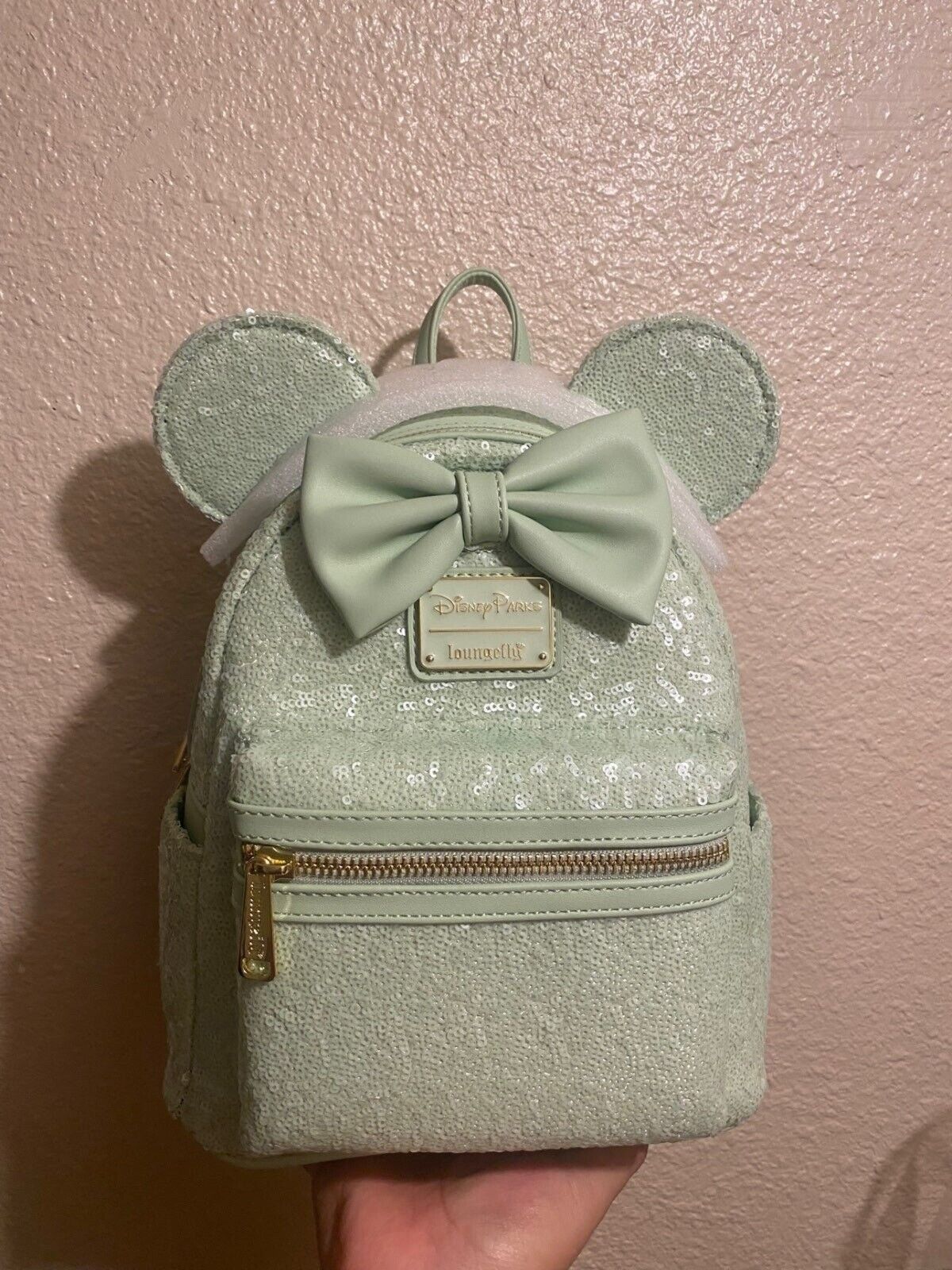 Disney Parks Loungefly Minnie Mouse Mint Green Sequin Spring Mini Backpack NEW