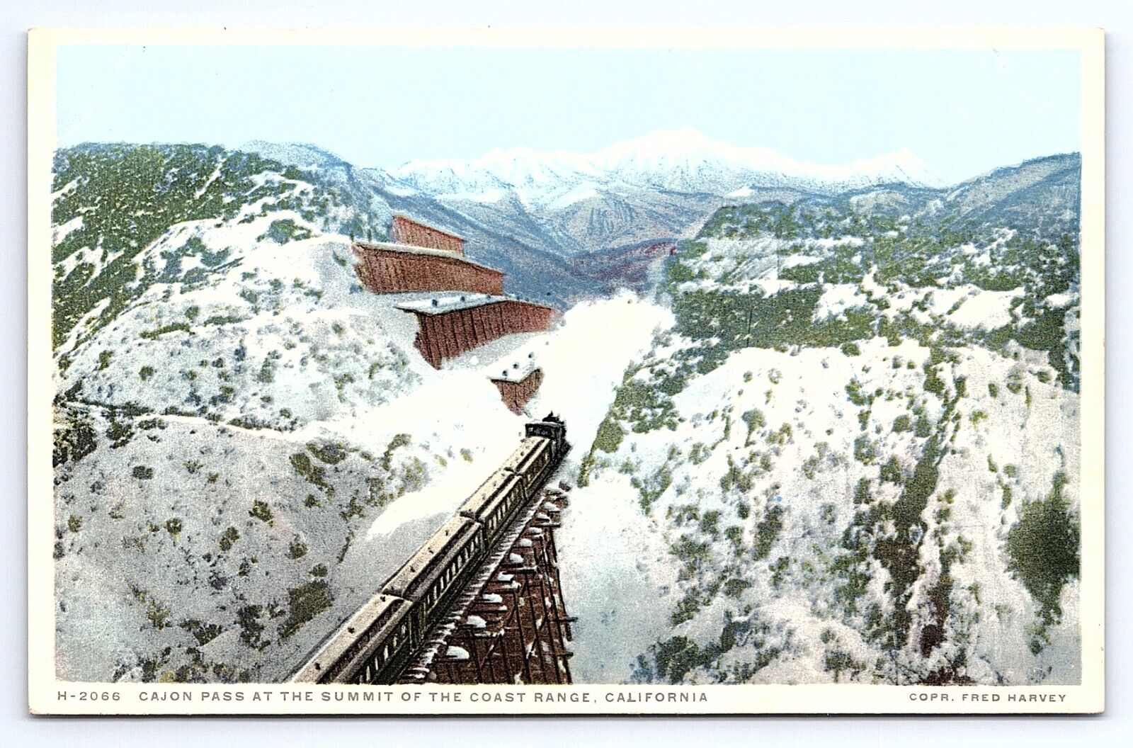 Postcard Cajon Pass At Summit Of Coast Range California Fred Harvey Detroit Pub.
