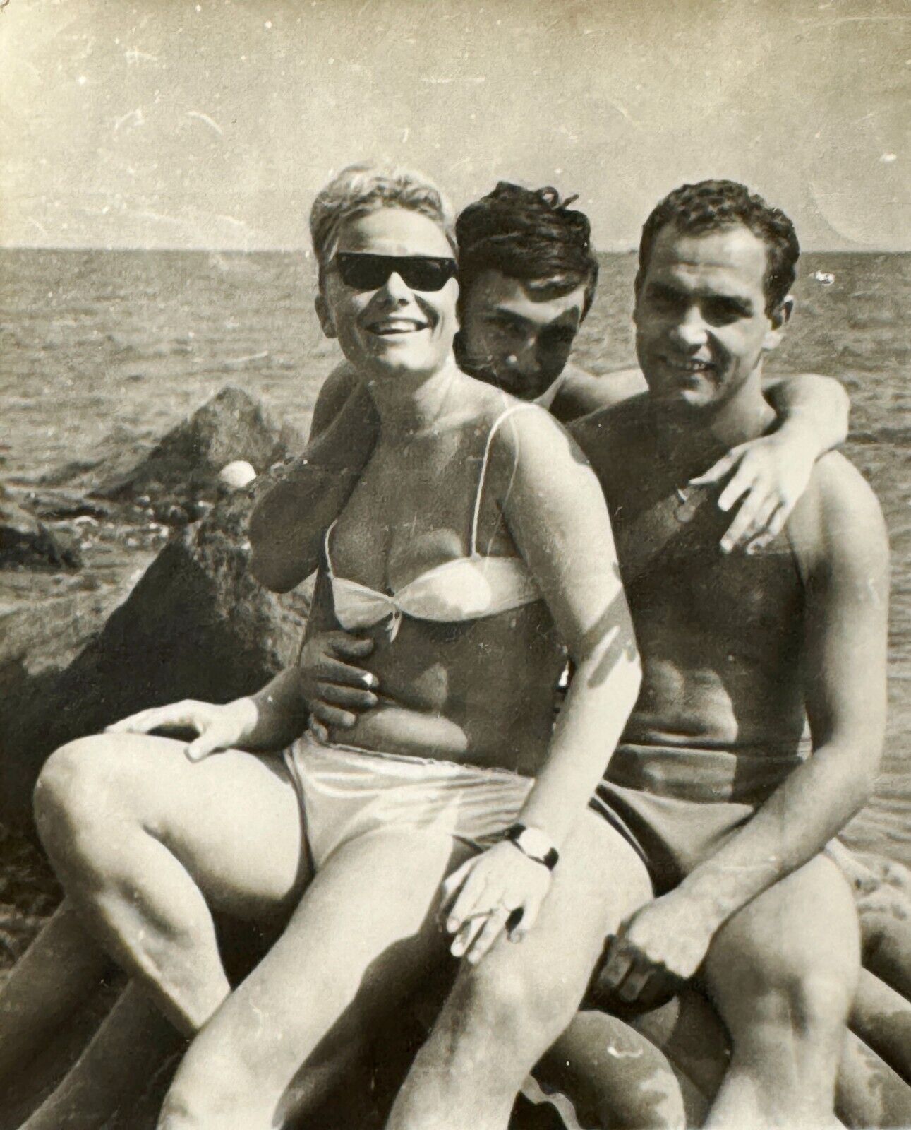 1970s Chic Woman White Bikini Beach Two Men Bulge Trunks Vintage Photo Snapshot