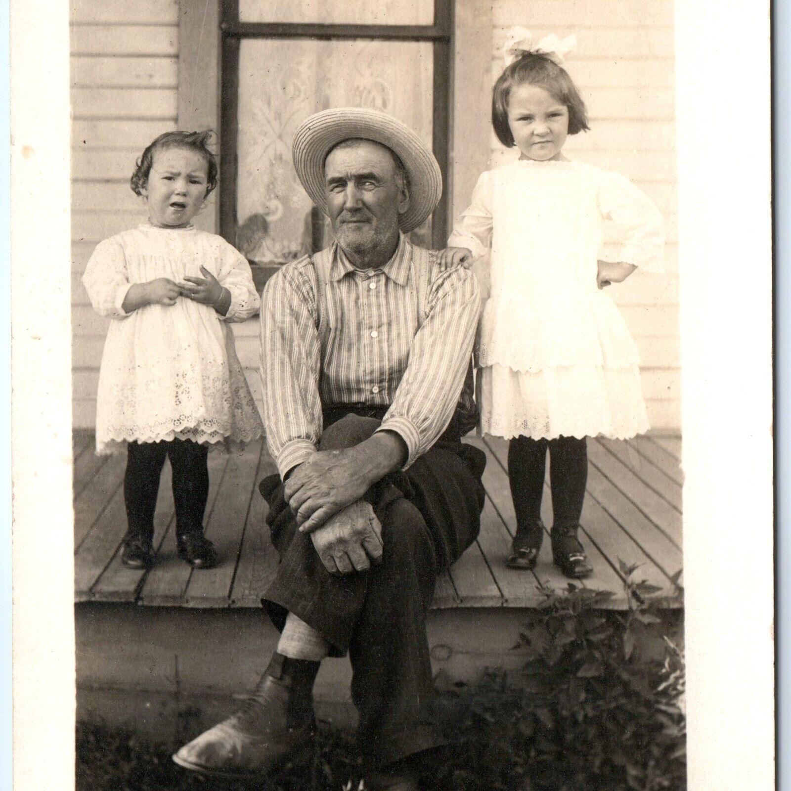 c1910s Old Man & Little Girls SHARP RPPC House Porch Cute Kids Family Photo A174