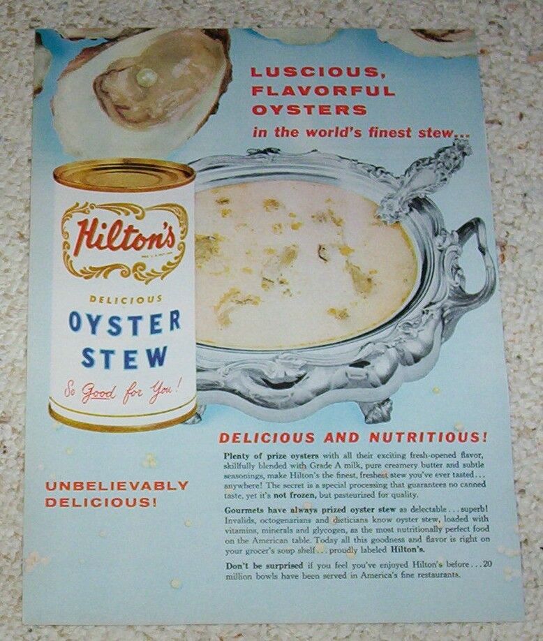 1962 ad page - Hilton's canned Oyster Stew - grocery food vintage PRINT ADVERT