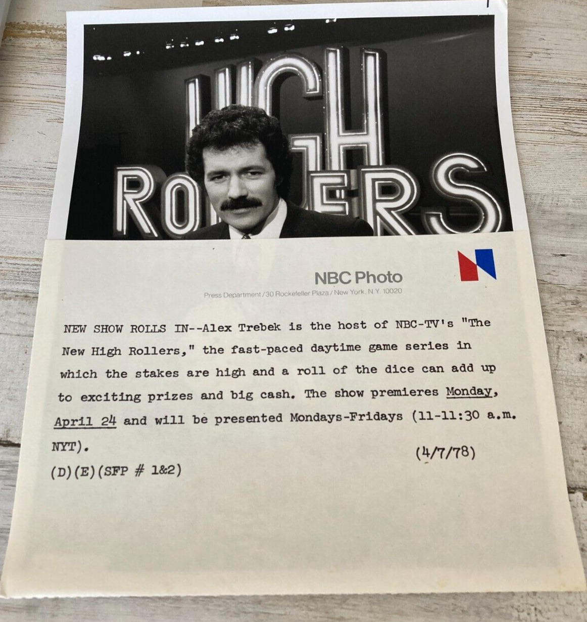 Alex Trebek 1978 Press Release Photo - High Rollers Game Show - w/ press release