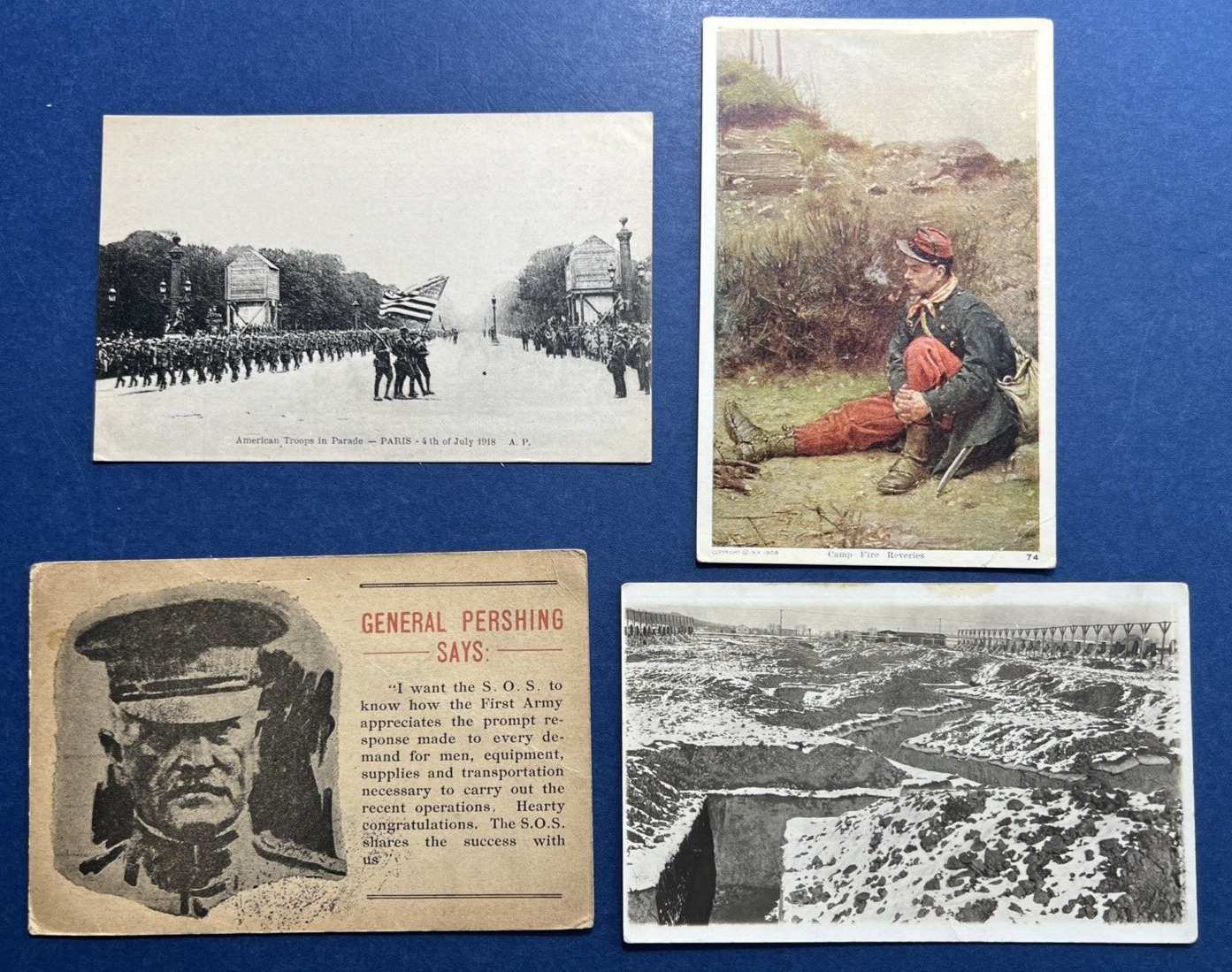 4 WWI era Military Antique Patriotic Postcards.Pershing, 4Th of July Parade