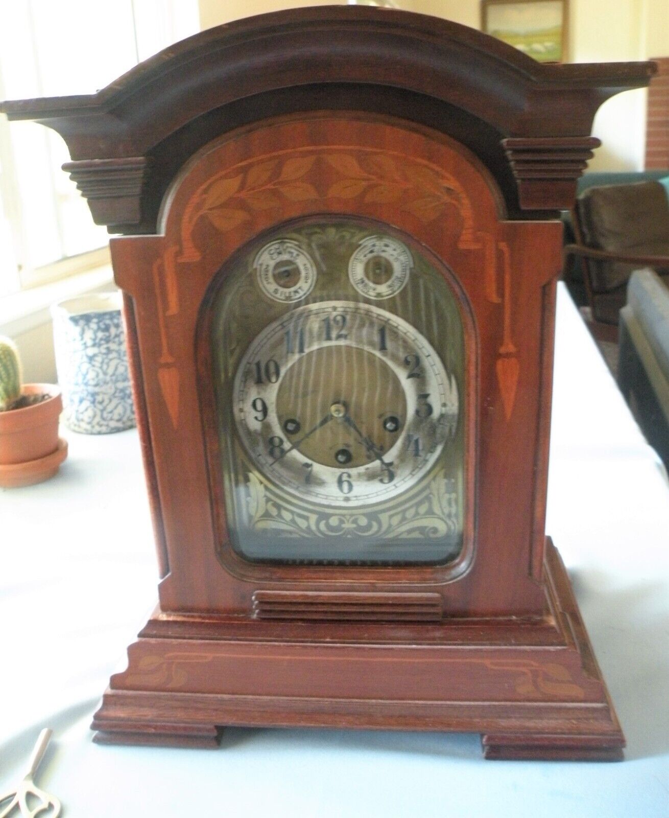 ANTIQUE JUNGHANS MAHOGANY BRACKET  CLOCK INLAID CASE  Westminster Chimes & Runs