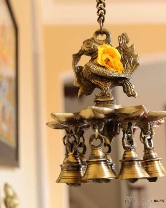 Designer Lovely Brass Hanging Peacock Diya with Bells Exclusive Gift Home Decor
