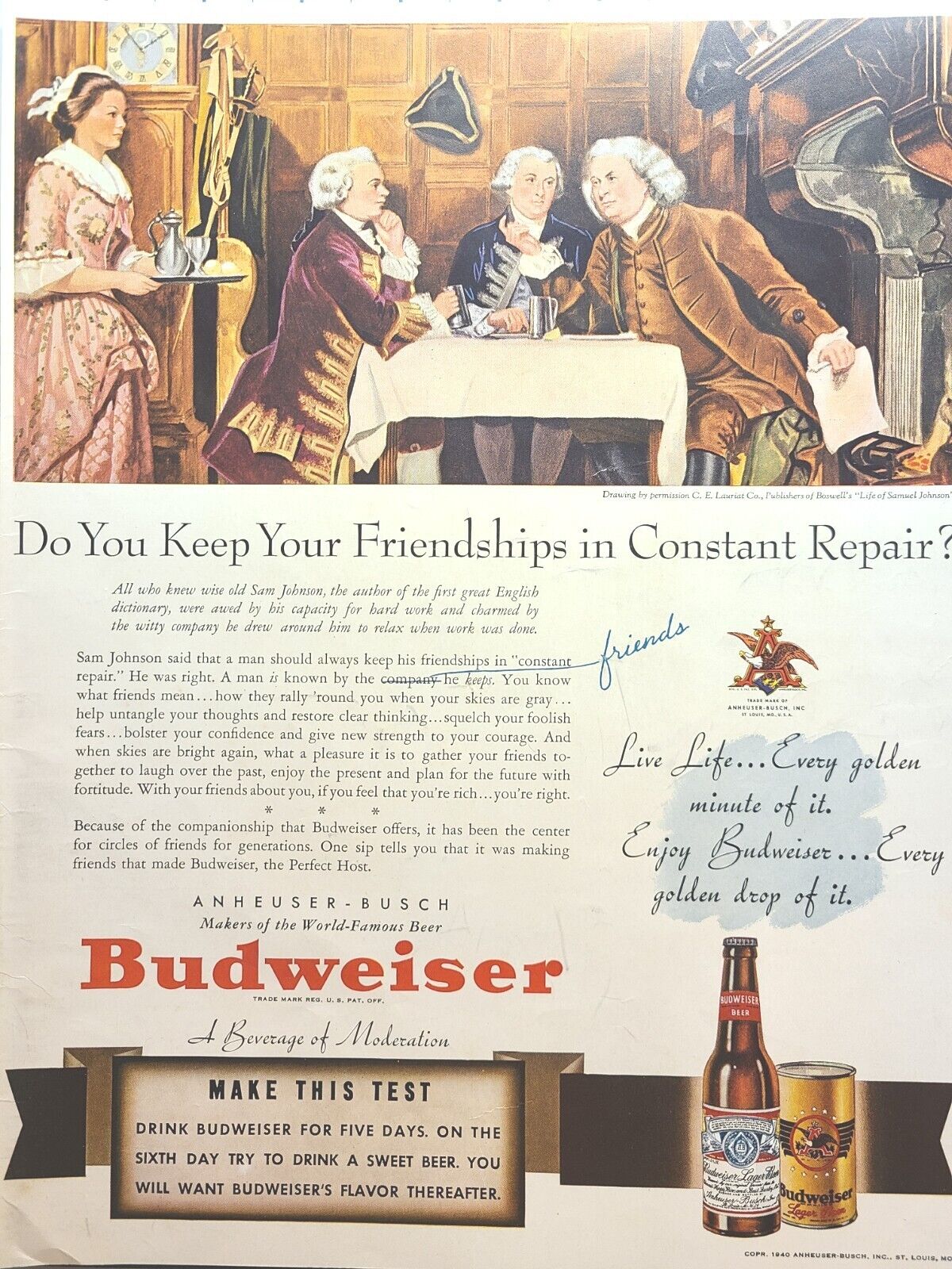 Budweiser Beer Samuel Johnson Live Life Golden Can Bottle Vintage Print Ad 1940
