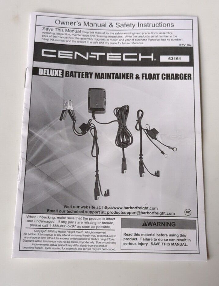 Cen-Tech 63161 - Deluxe Battery Maintainer & Float Charger Owners Manual