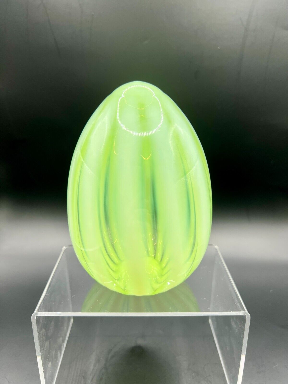 Ron Hinkle for Fenton - Uranium Vaseline Glass Egg With Opalescent Ribbon