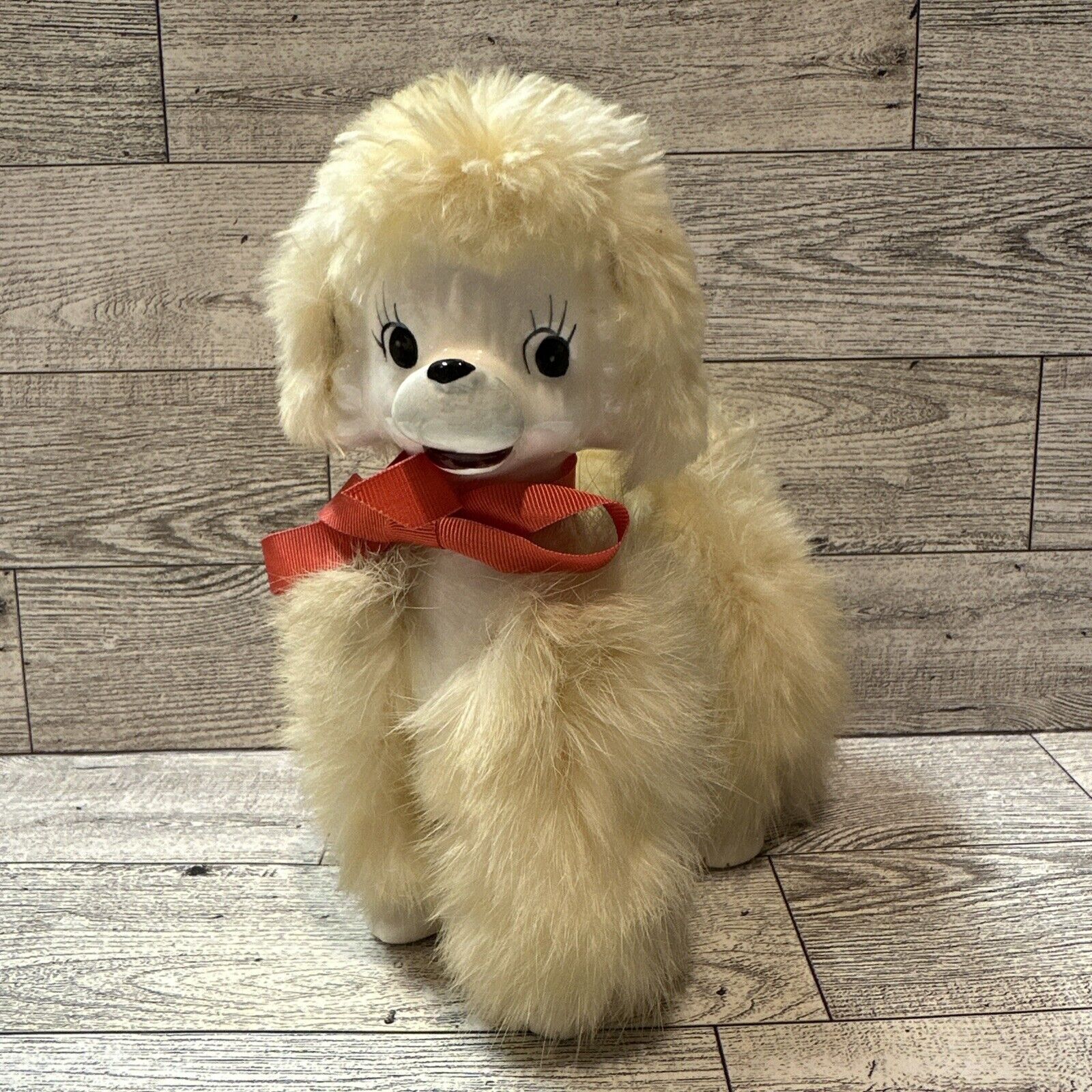 BRINNCO Ceramic Flocked Poodle w/ Ribbon 7x5” Japan Vintage