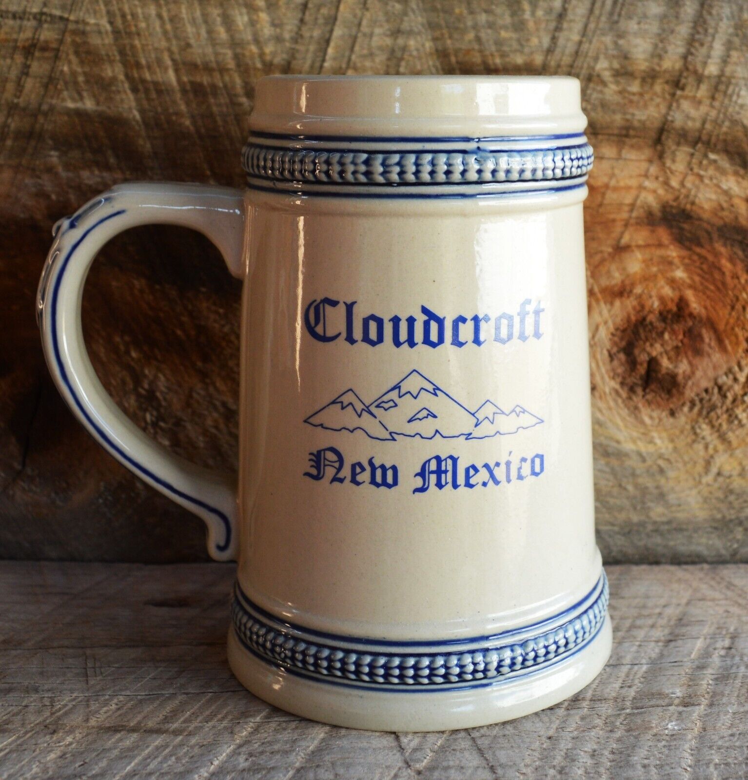 16oz Beer Soft Drink Ceramic Tankard Mug Cloudcroft New Mexico Taupe Gray Blue