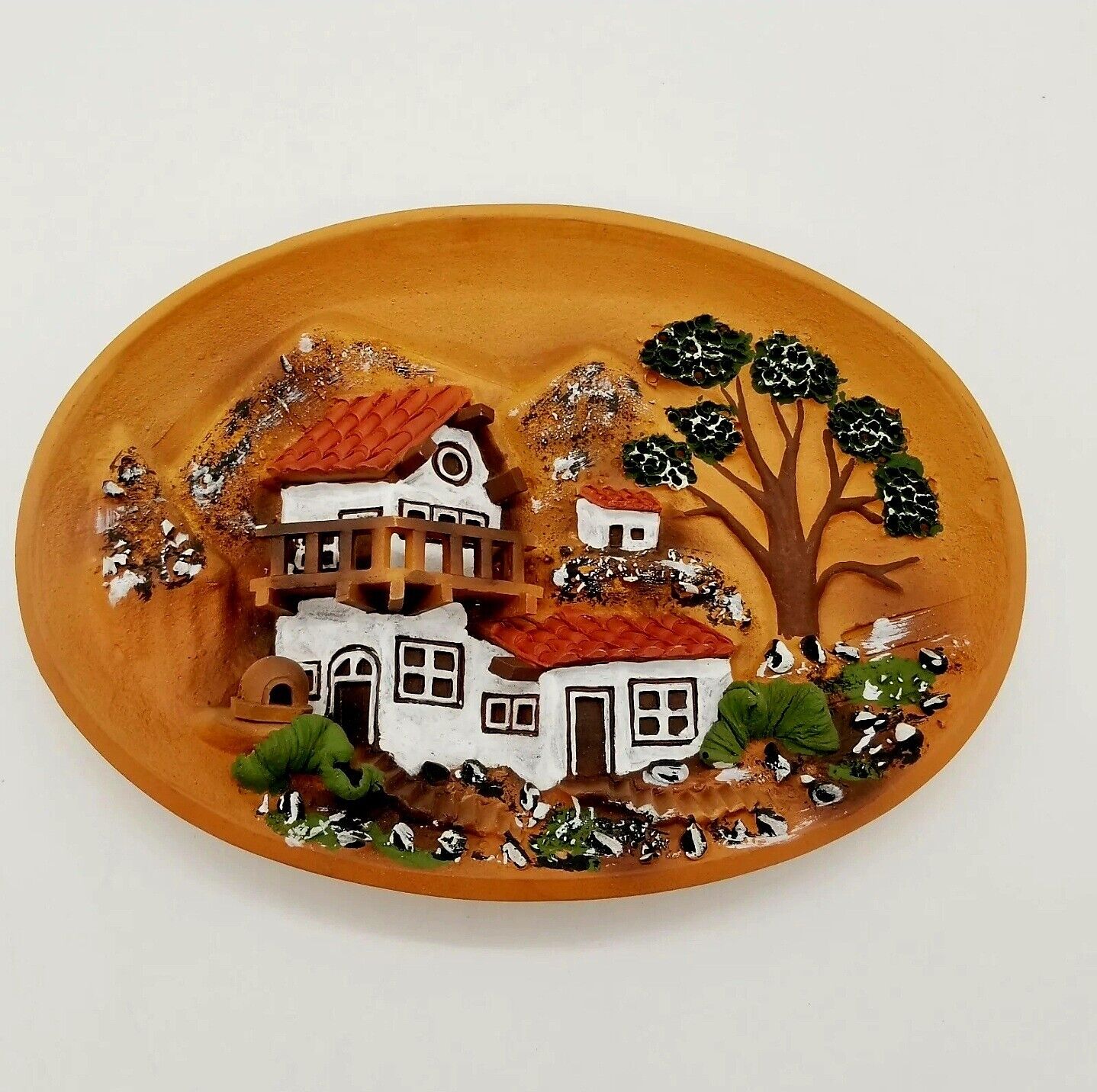 Vintage 3D Clay Art Plate Handmade Handpainted Oval Relief House Trees Wall