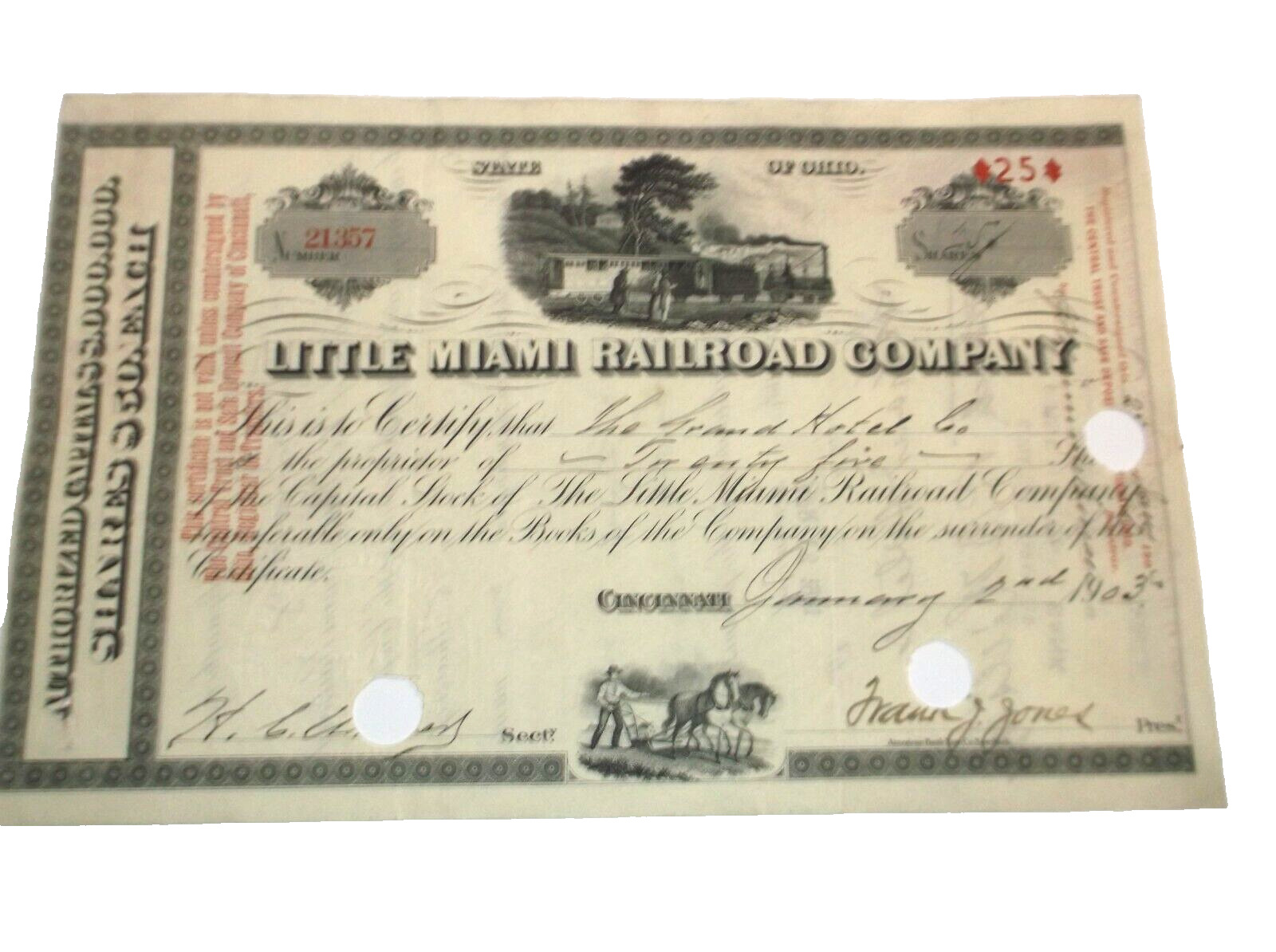 1903 LITTLE MIAMI RAILROAD PRR CAPITAL STOCK CERTIFICATE