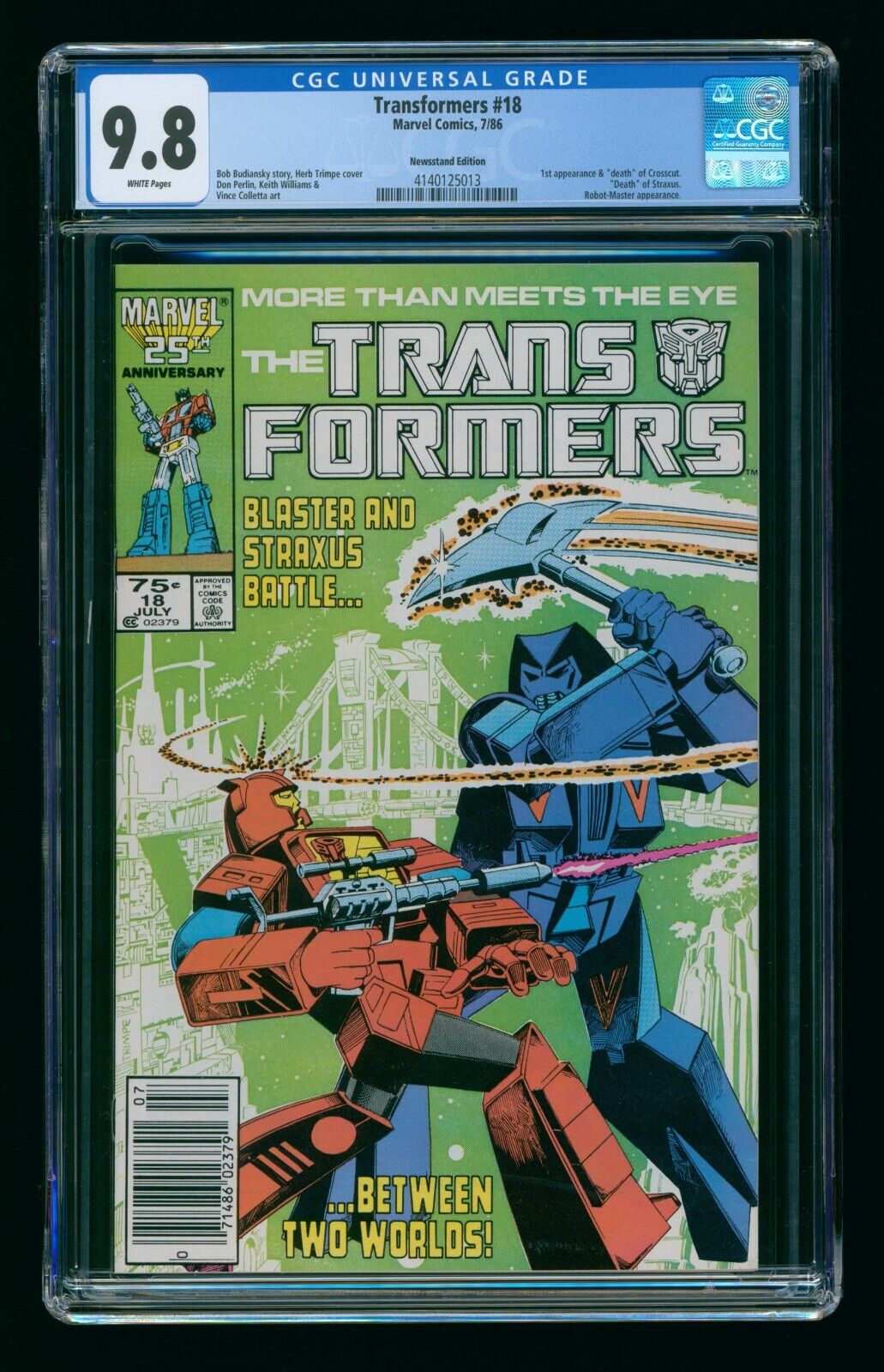 TRANSFORMERS #18 (1986) CGC 9.8 NEWSSTAND EDITION WHITE PAGES