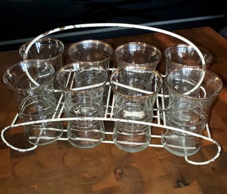 RARE 1940s Vintage Retro 8 Piece Glass Set W/ Shabby Wire Holding Carrier 