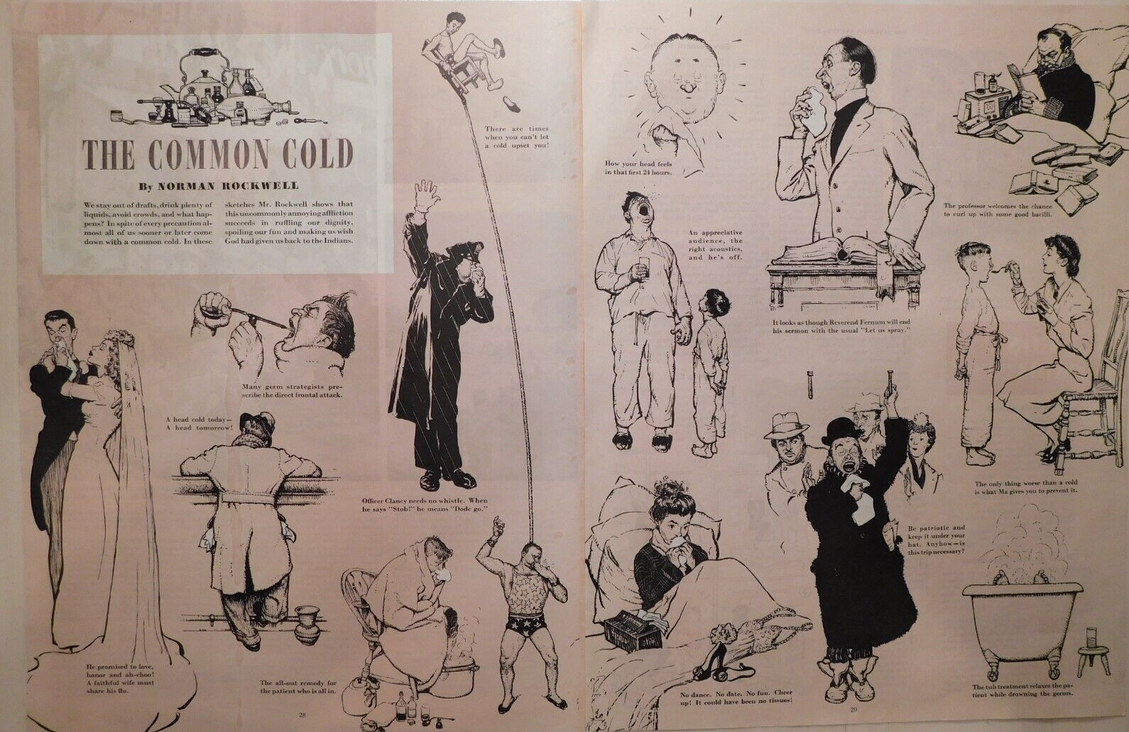 1945 Norman Rockwell Common Cold Vintage Print Ad Comic Illustrations CUTE