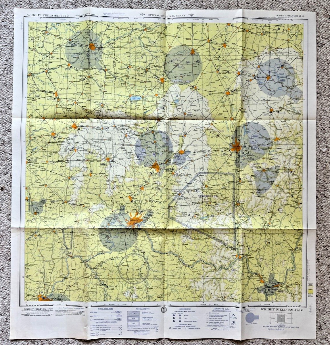 1956 Map Of Wright Field Dayton Ohio  US Air Force  Aeronautical Chart 29” X 31”