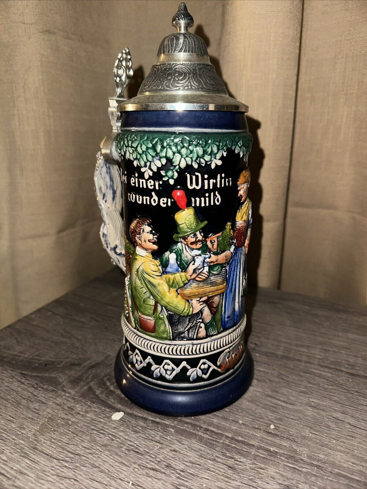 Vintage German 'Hunters' Farewell'  Wind Up Musical Beer Stein with Pewter Lid