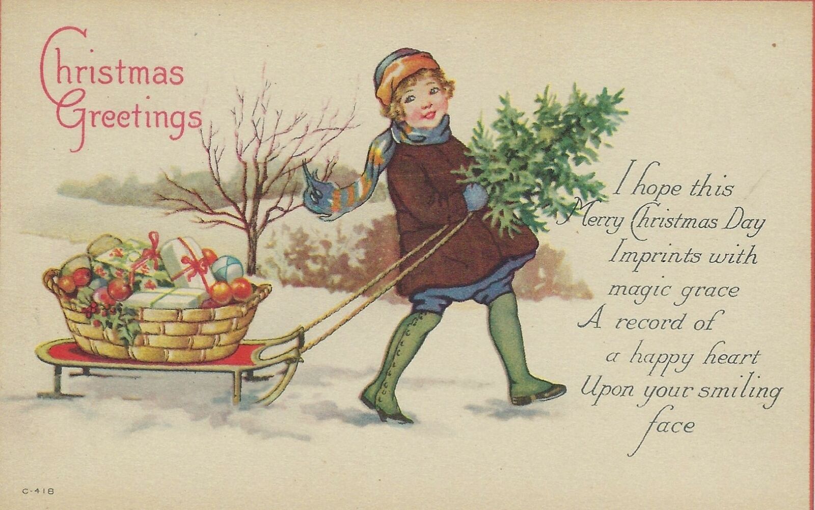 Christmas Greetings Postcard, Girl walking Sleigh w Presents Tree,20s Unposted