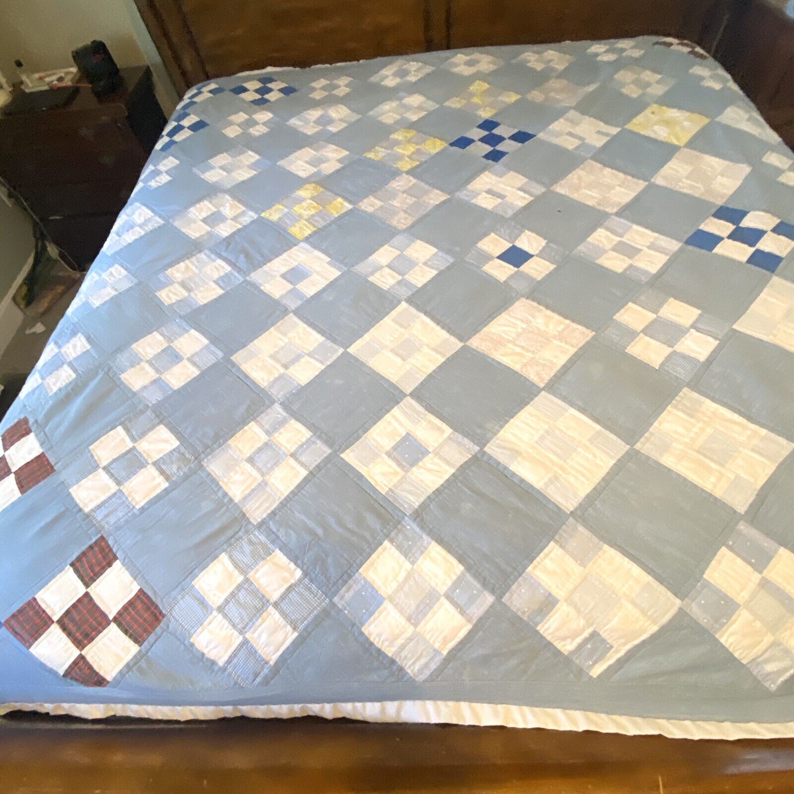 Vintage Handmade Chambray Cotton Patchwork Squares Quilt 86” X100”