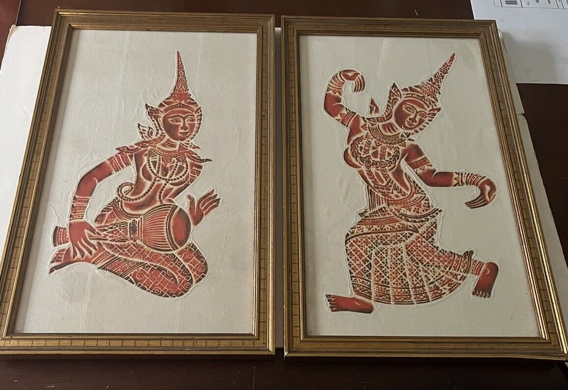Temple Rubbing Siam Thai Framed Picture Art Mid Century Modern Set Of 2 Vintage