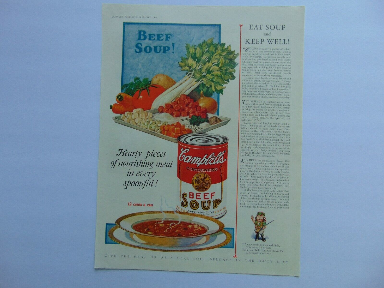 1927 CAMPBELL'S BEEF SOUP Eat Soup and Keep Well vintage art print ad