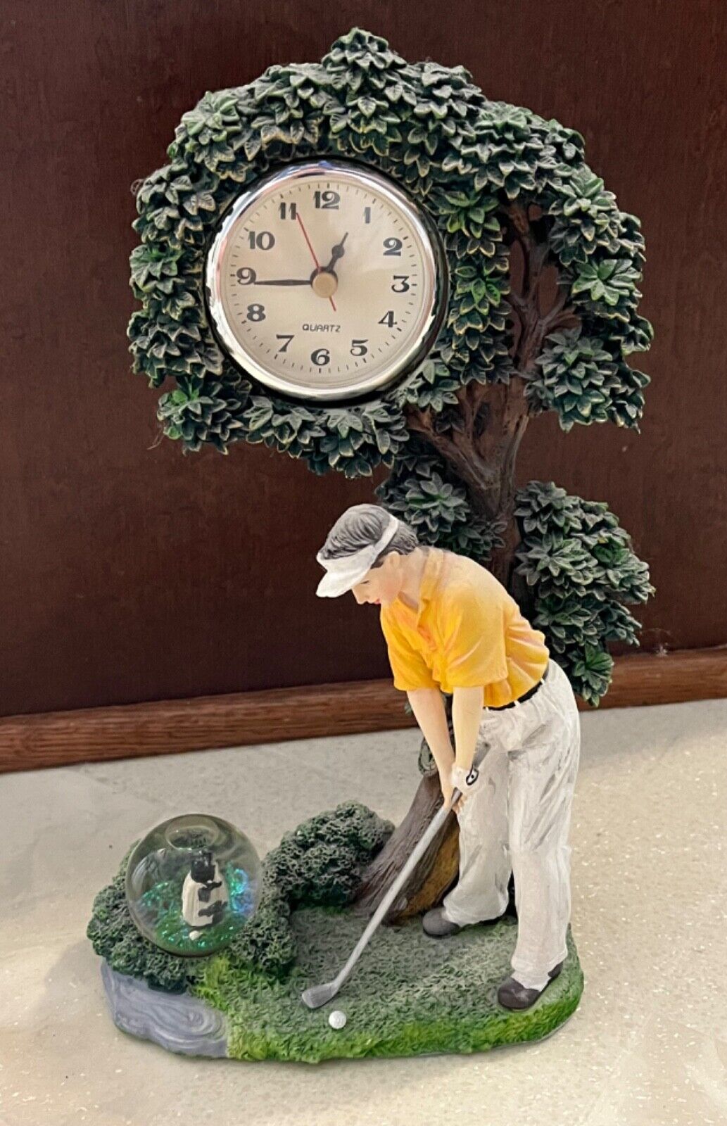 Vintage Resin Figurine Man Golfing Under a Tree with Table Clock and Snow Globe