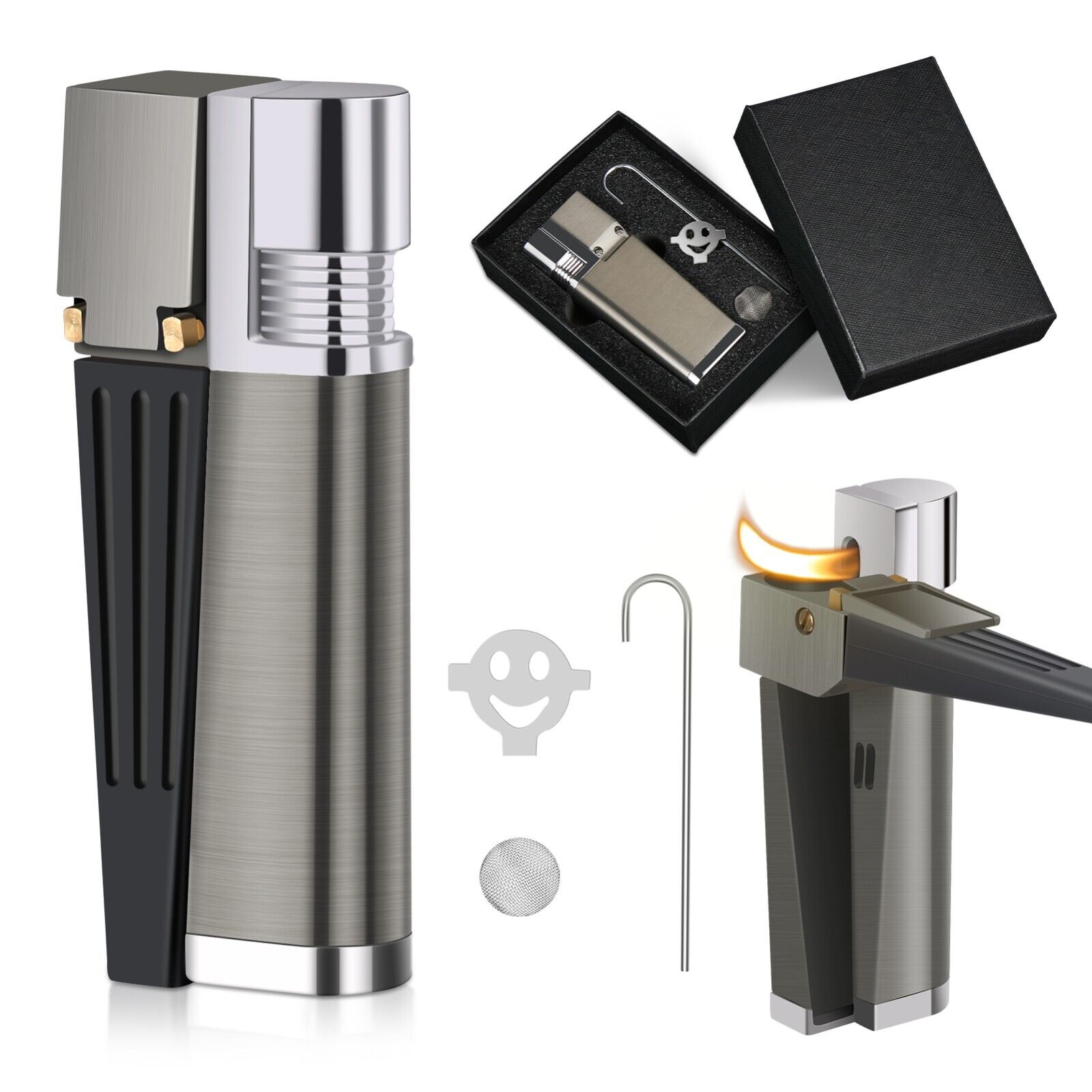 Foldable Metal Lighter Pipe Combination Portable Smoking Lighter Black 2 in 1